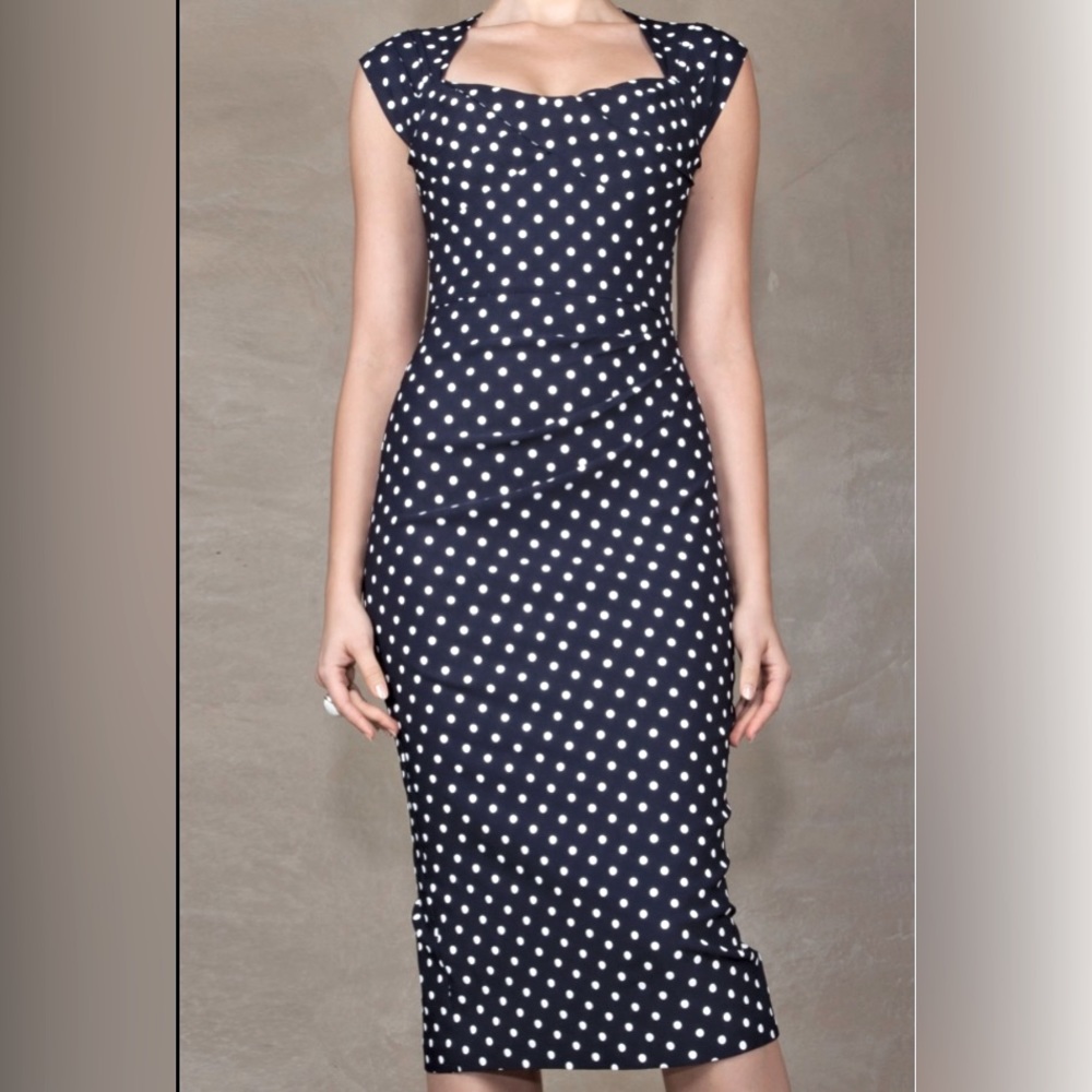 Stop Staring! Love Wiggle Pencil Dress in Navy and White Polka Dots
